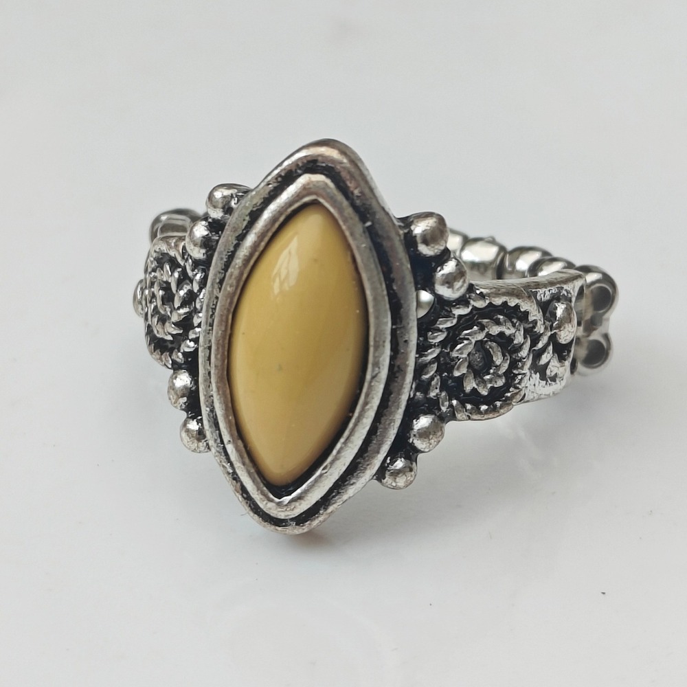 Paparazzi Silver Tone Yellow Marquise Stone Stretch Statement Ring Floral Boho